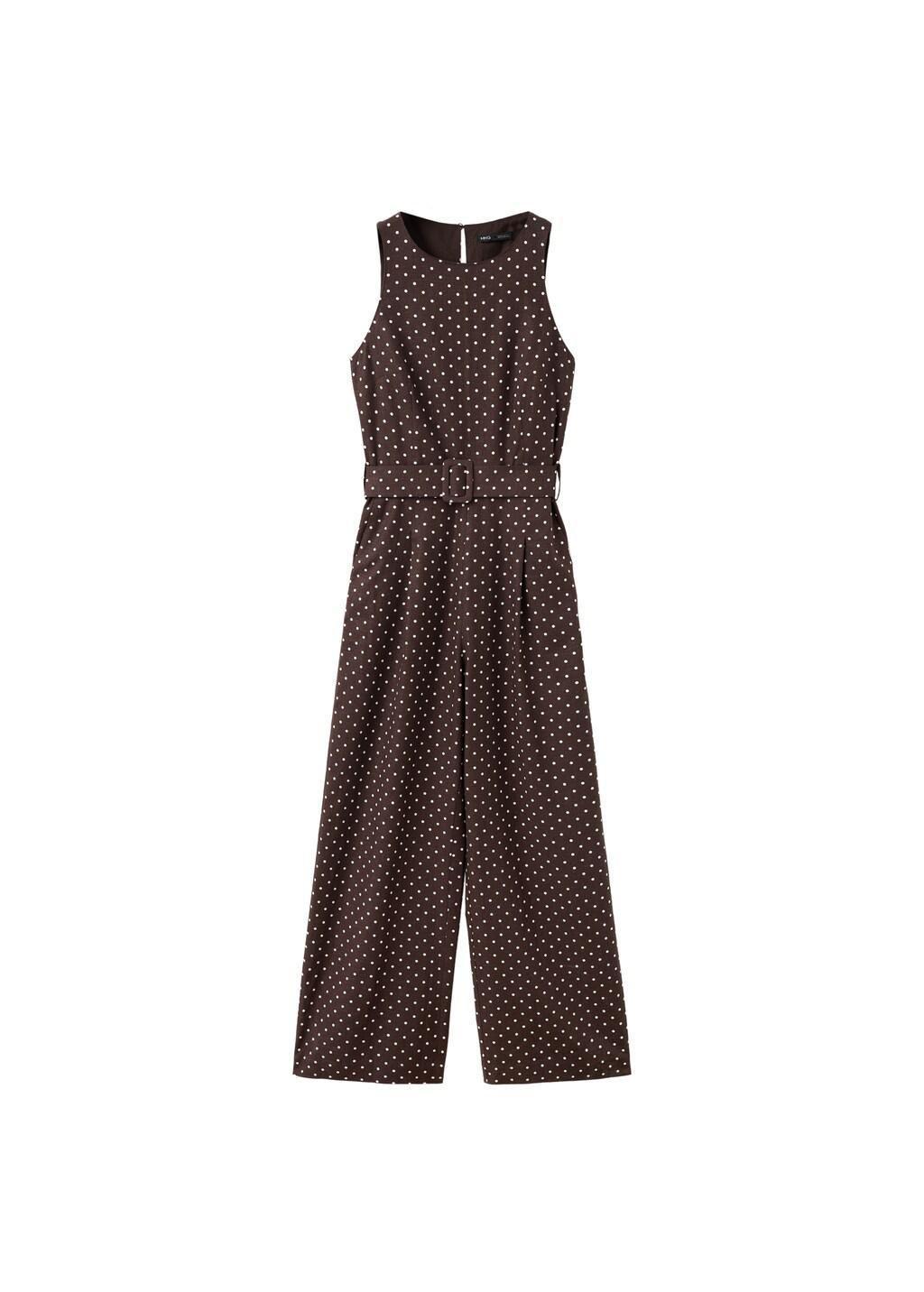 Brown Linen Jumpsuit With Polka-Dot Belt, Dark Brown, large image number 7