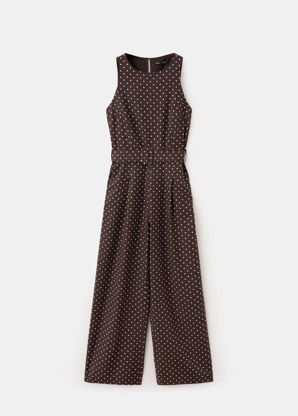 Brown Linen Jumpsuit With Polka-Dot Belt, Dark Brown, large image number 8