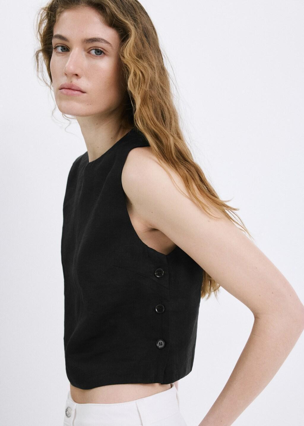 Black 100% Linen Crop Top, 0201_99, large image number 3