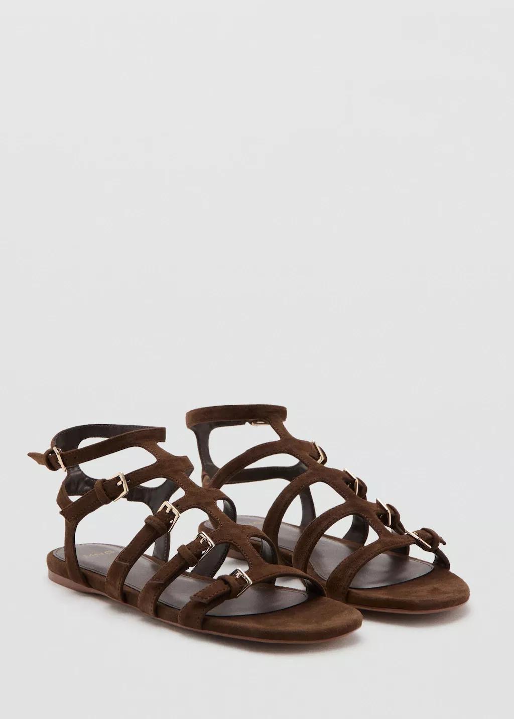 Brown Leather Straps Sandals, Dark Brown, large image number 1
