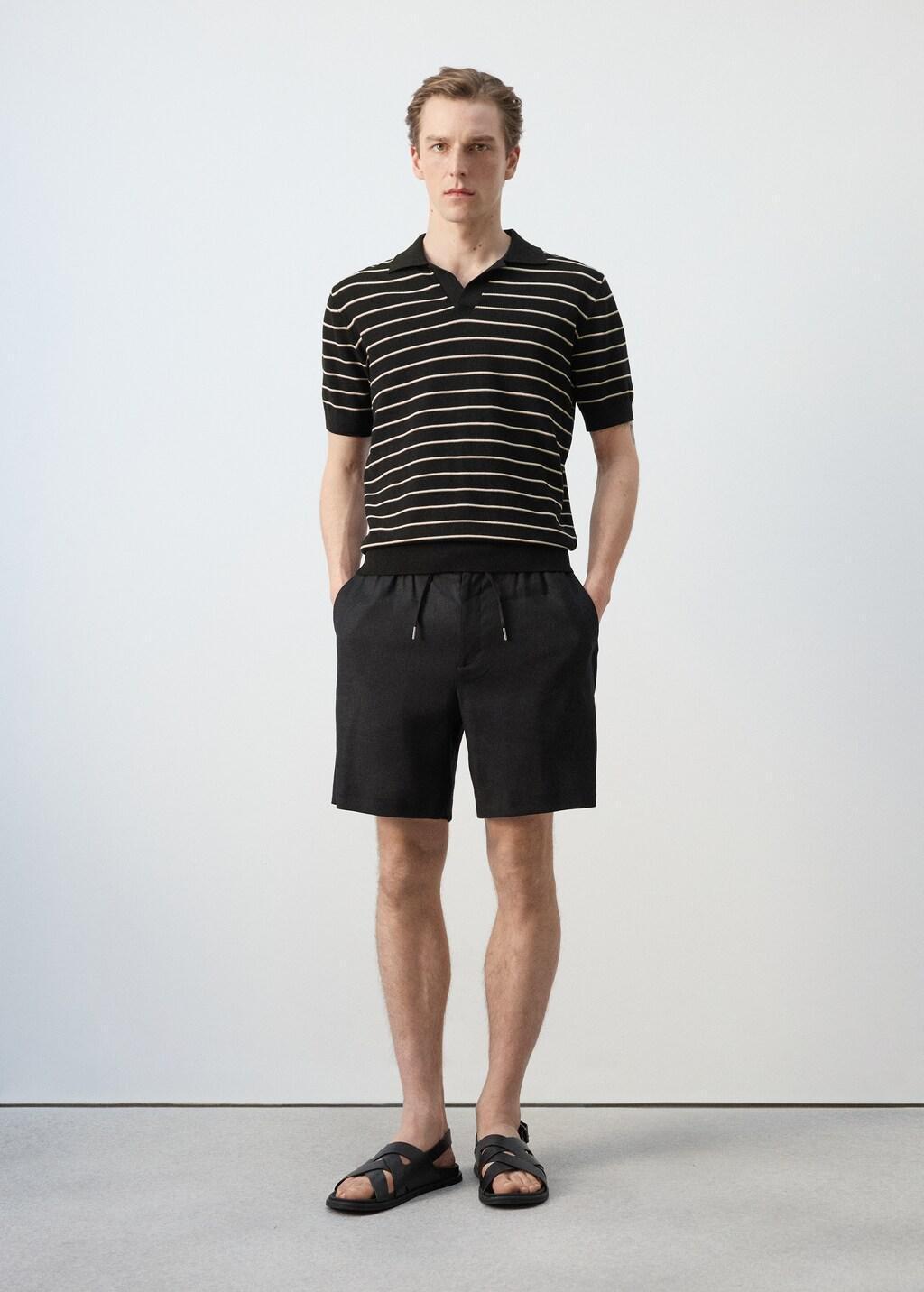 Black Striped Knit Cotton Polo Shirt, Black, large image number 0