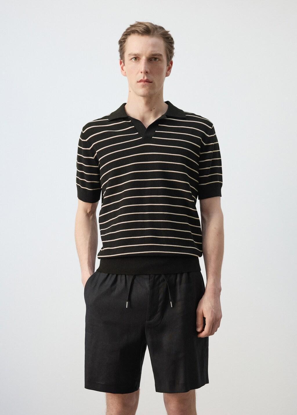 Black Striped Knit Cotton Polo Shirt, Black, large image number 3