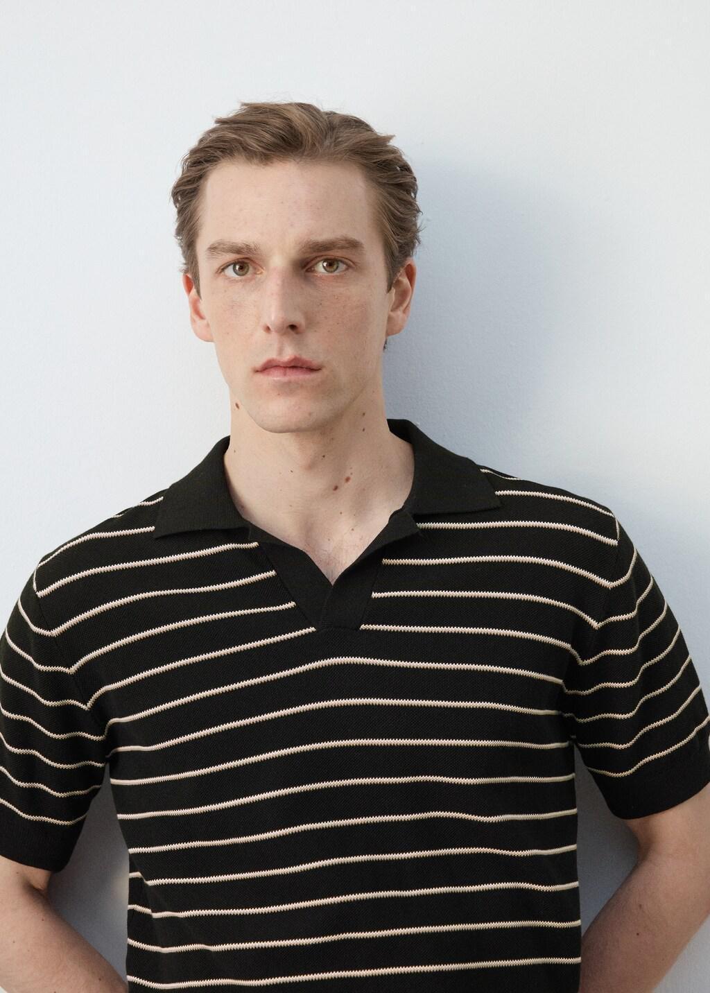 Black Striped Knit Cotton Polo Shirt, Black, large image number 4