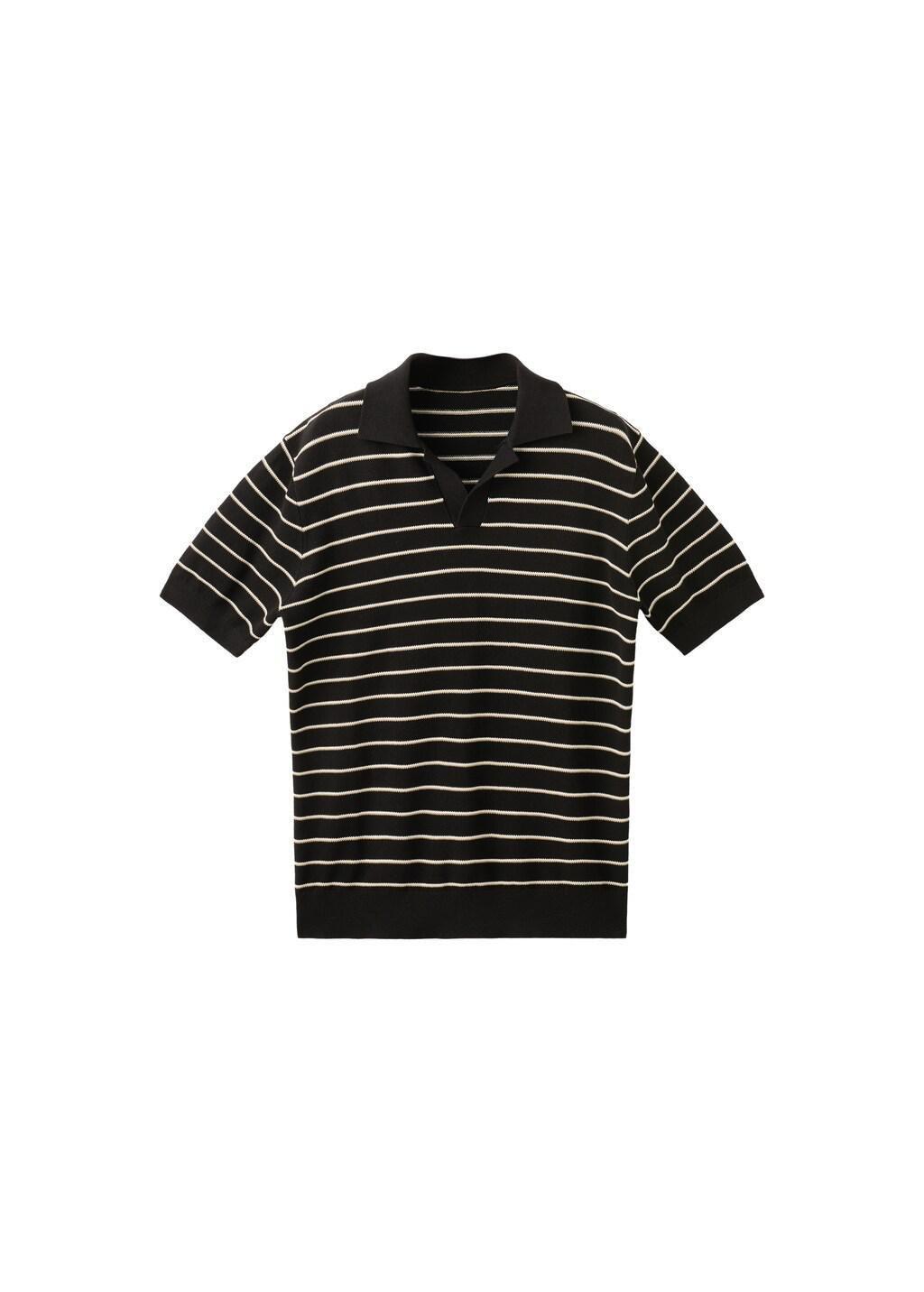Black Striped Knit Cotton Polo Shirt, Black, large image number 6