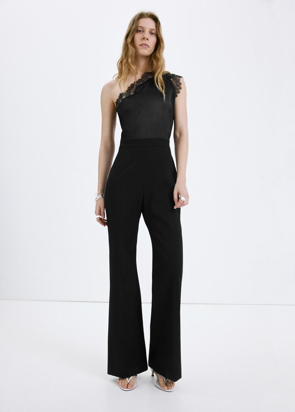 Black Jumpsuit With Combined Lace And Knit, Black, large image number 0