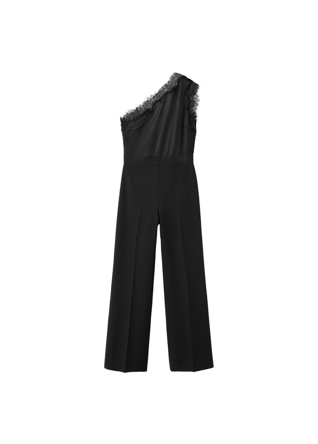 Black Jumpsuit With Combined Lace And Knit, Black, large image number 7