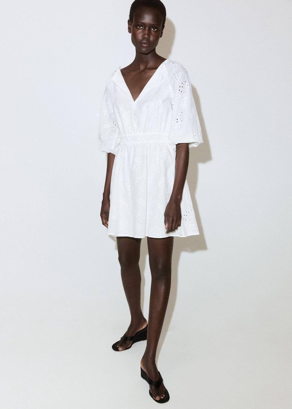 White Embroidered Short Dress, White, large image number 0