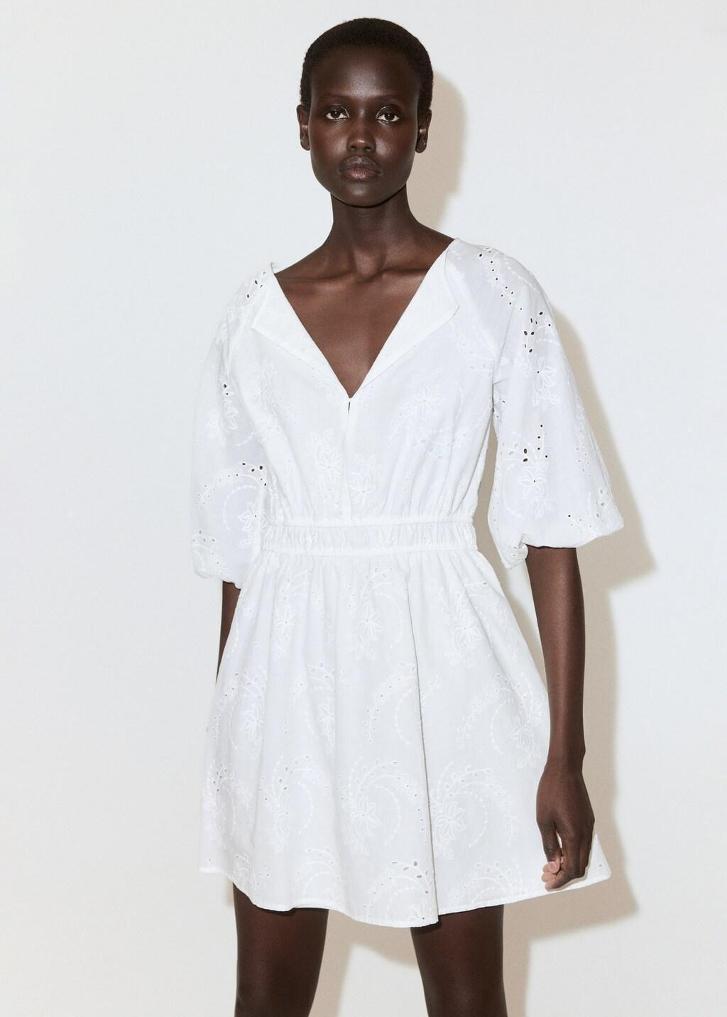 White Embroidered Short Dress, White, large image number 3