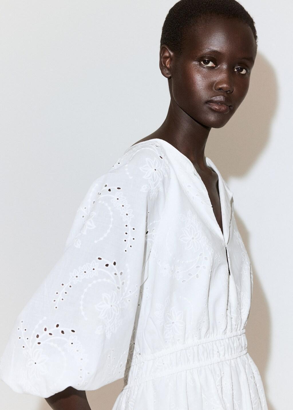 White Embroidered Short Dress, White, large image number 4