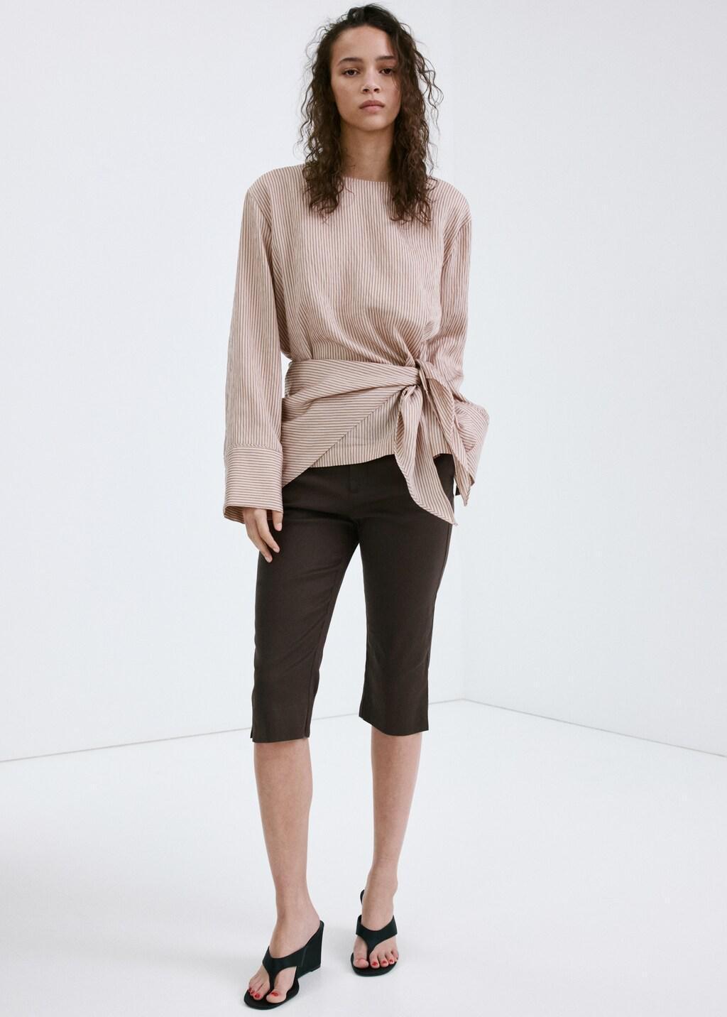 Brown Linen Capri Trousers, Dark Brown, large image number 0