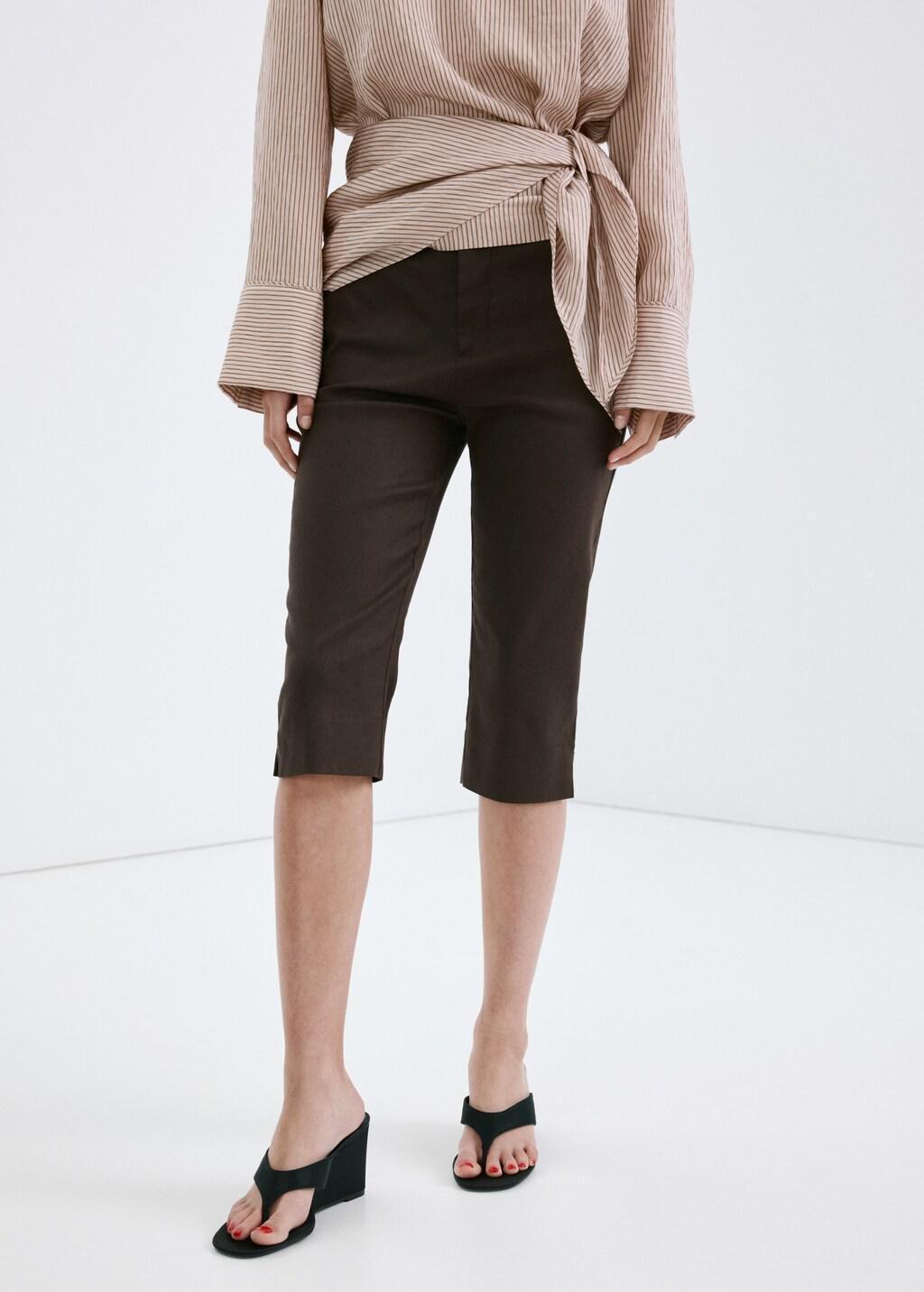 Brown Linen Capri Trousers, Dark Brown, large image number 3