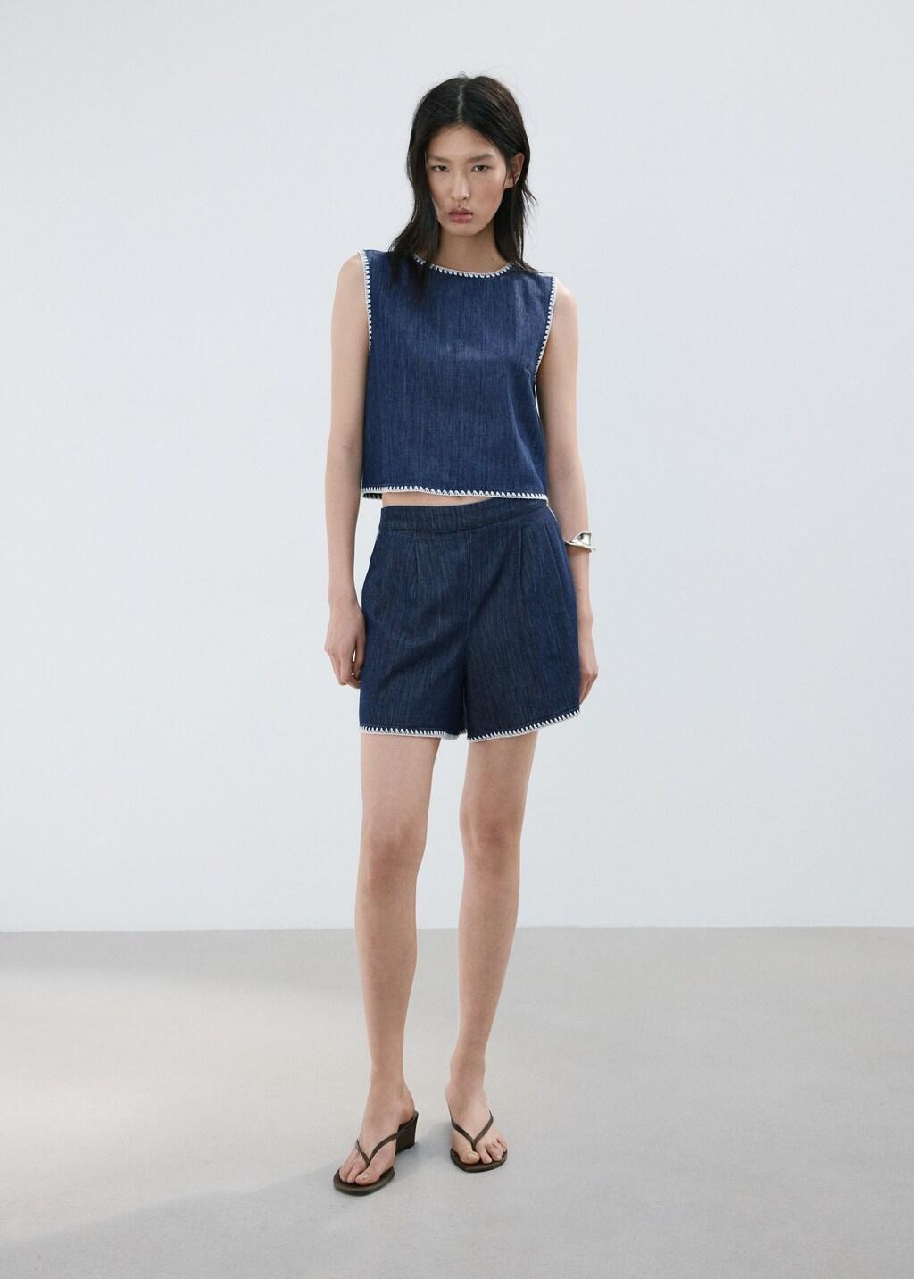Blue Contrast Trim Denim Top, 0201_TS, large image number 0