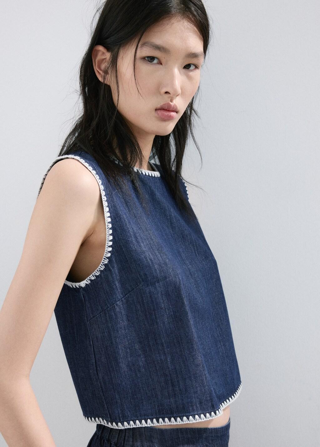 Blue Contrast Trim Denim Top, 0201_TS, large image number 3