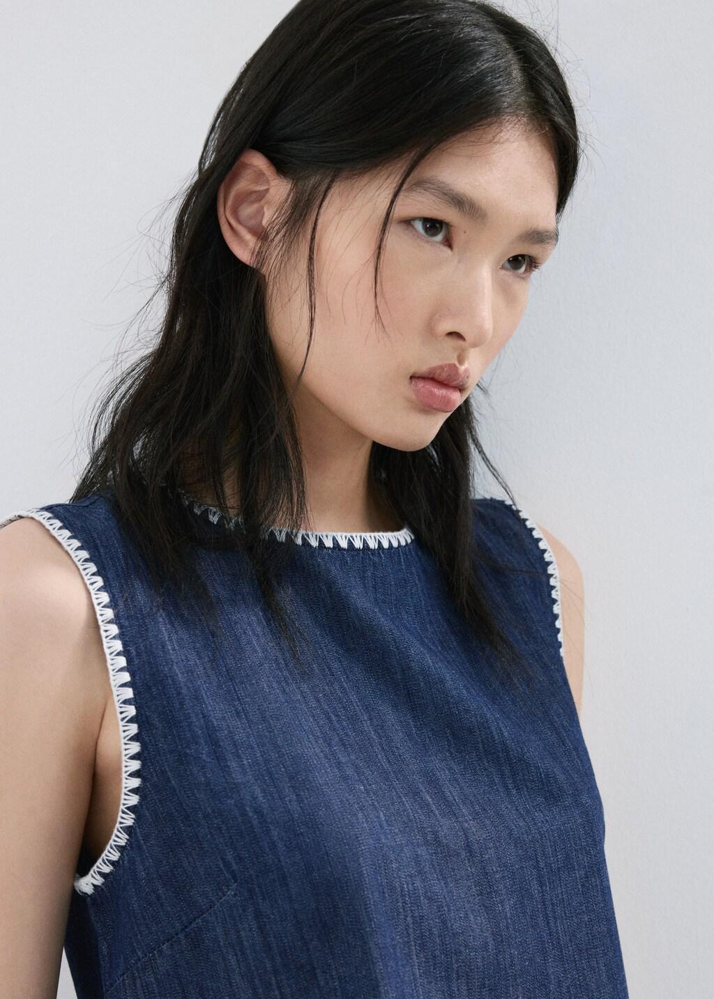 Blue Contrast Trim Denim Top, 0201_TS, large image number 4