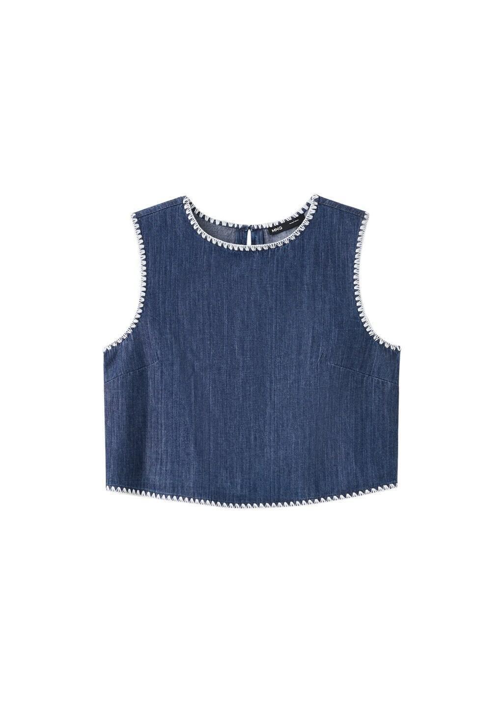 Blue Contrast Trim Denim Top, 0201_TS, large image number 6