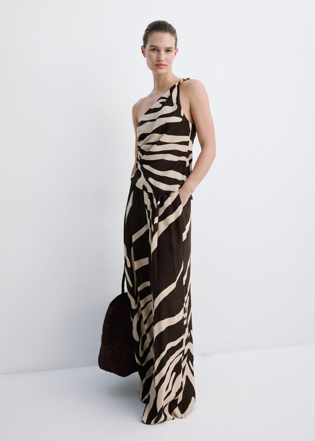 Brown Asymmetric Printed Top, Brown, medium
