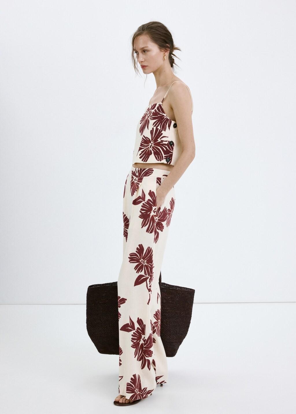 Beige Printed Pleated Trousers, Light Beige, large image number 0