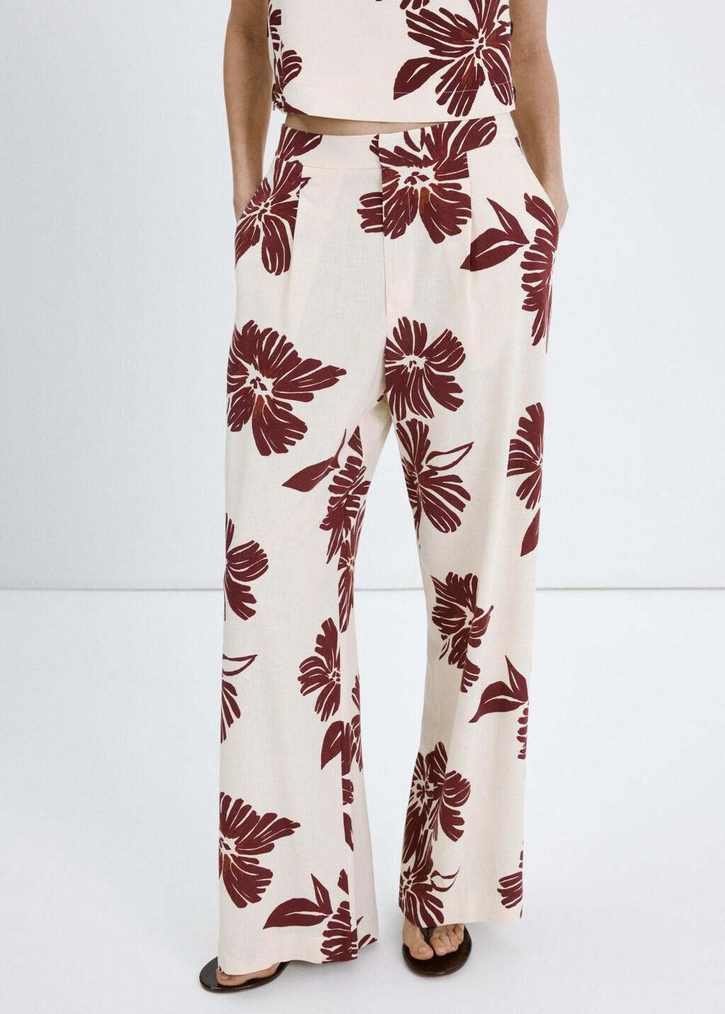 Beige Printed Pleated Trousers, Light Beige, large image number 3
