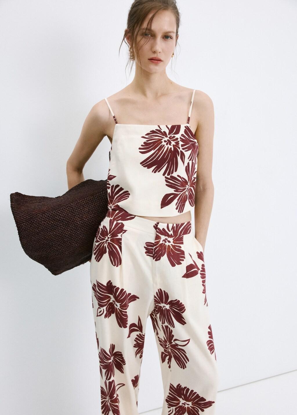 Beige Printed Pleated Trousers, Light Beige, large image number 4
