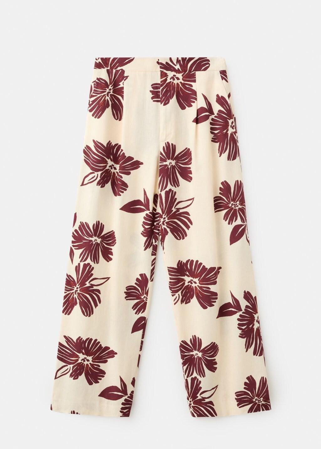 Beige Printed Pleated Trousers, Light Beige, large image number 7