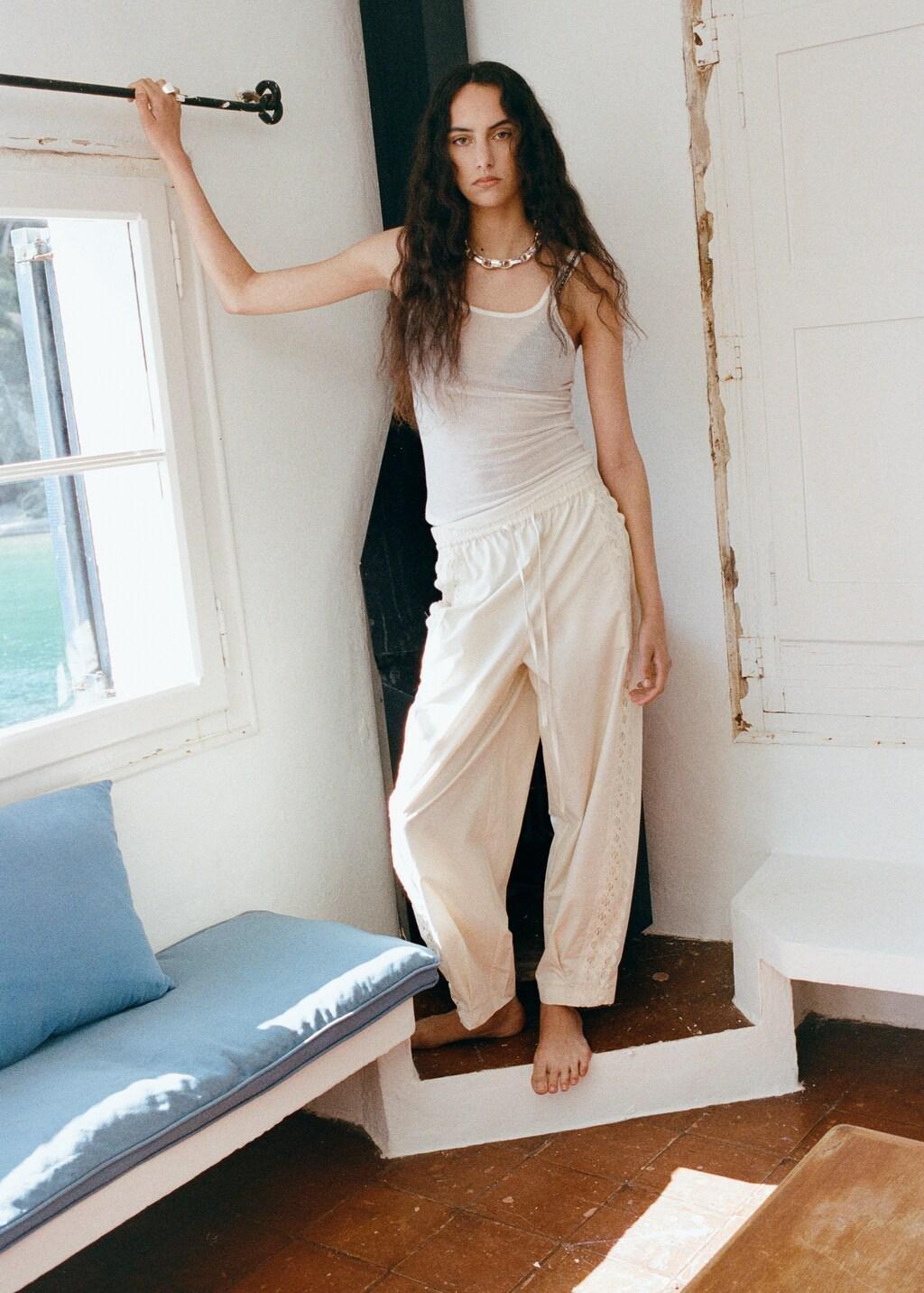 Beige 100% Cotton Trousers With Embroidered Stripe, 0201_05, large image number 0