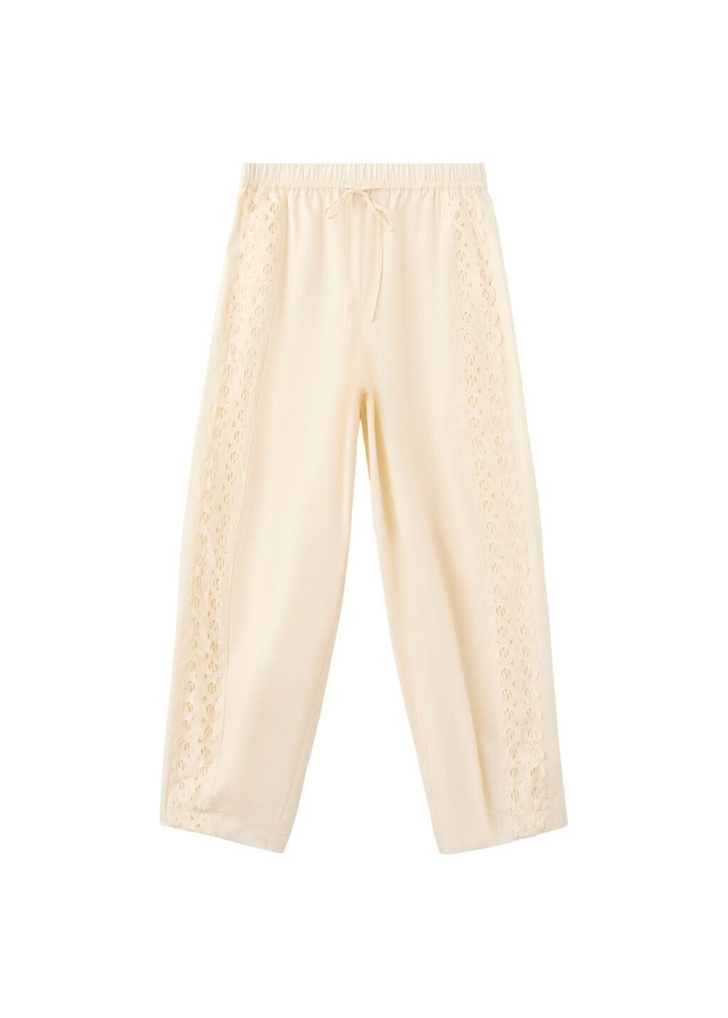 Beige 100% Cotton Trousers With Embroidered Stripe, 0201_05, large image number 5