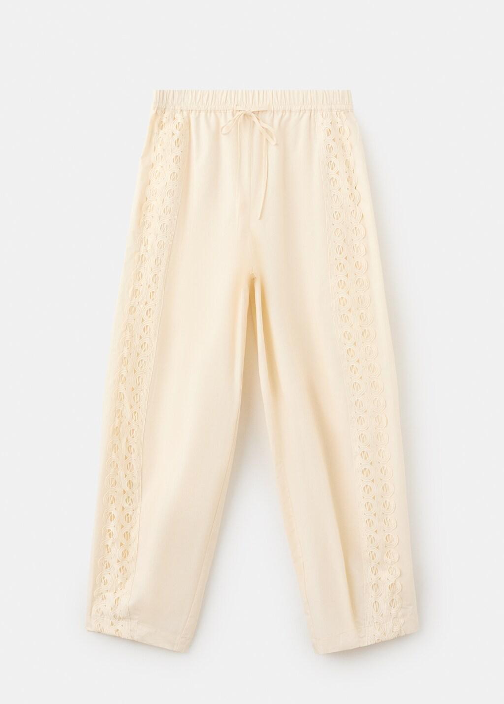 Beige 100% Cotton Trousers With Embroidered Stripe, 0201_05, large image number 6