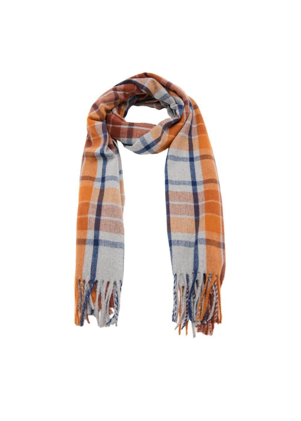 Orange Check Scarf With Fringed Ends, Dark Brown, large image number 1