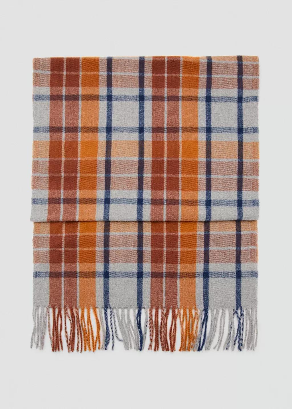 Orange Check Scarf With Fringed Ends, Dark Brown, medium