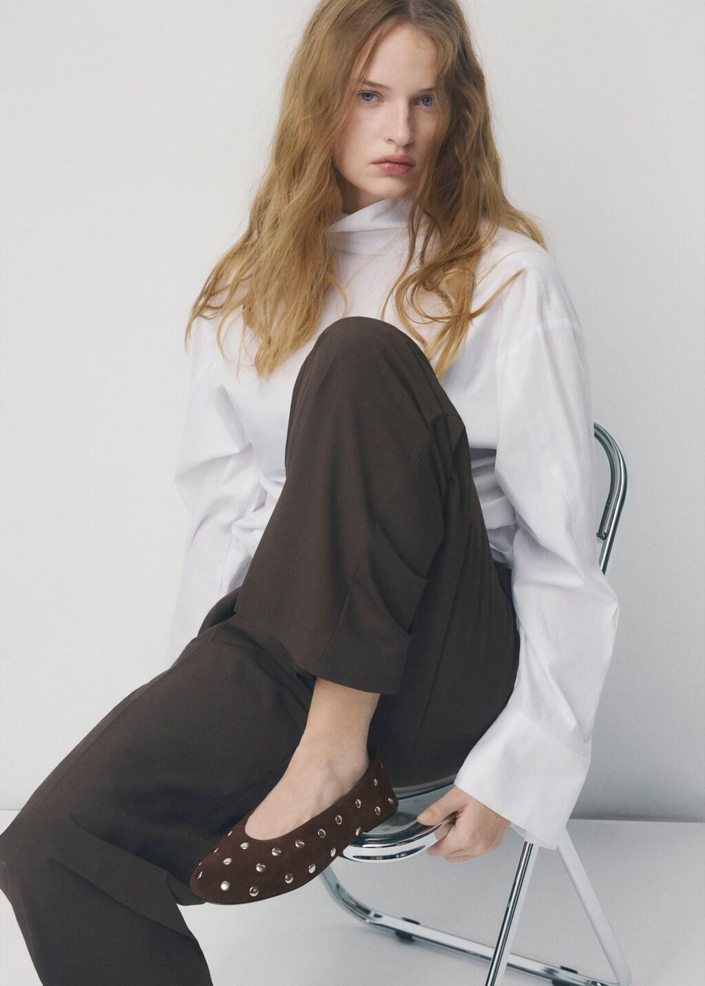 Brown Suede Ballet Flats With Studs, Dark Brown, large image number 0