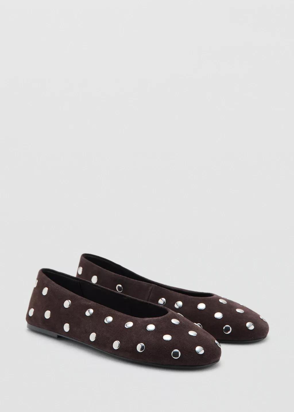Brown Suede Ballet Flats With Studs, Dark Brown, large image number 1