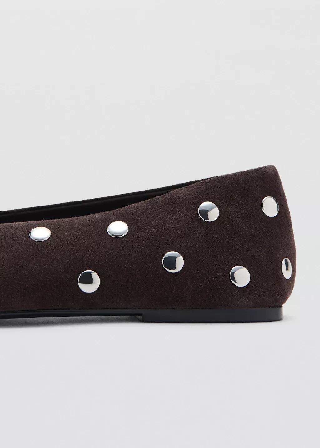 Brown Suede Ballet Flats With Studs, Dark Brown, medium