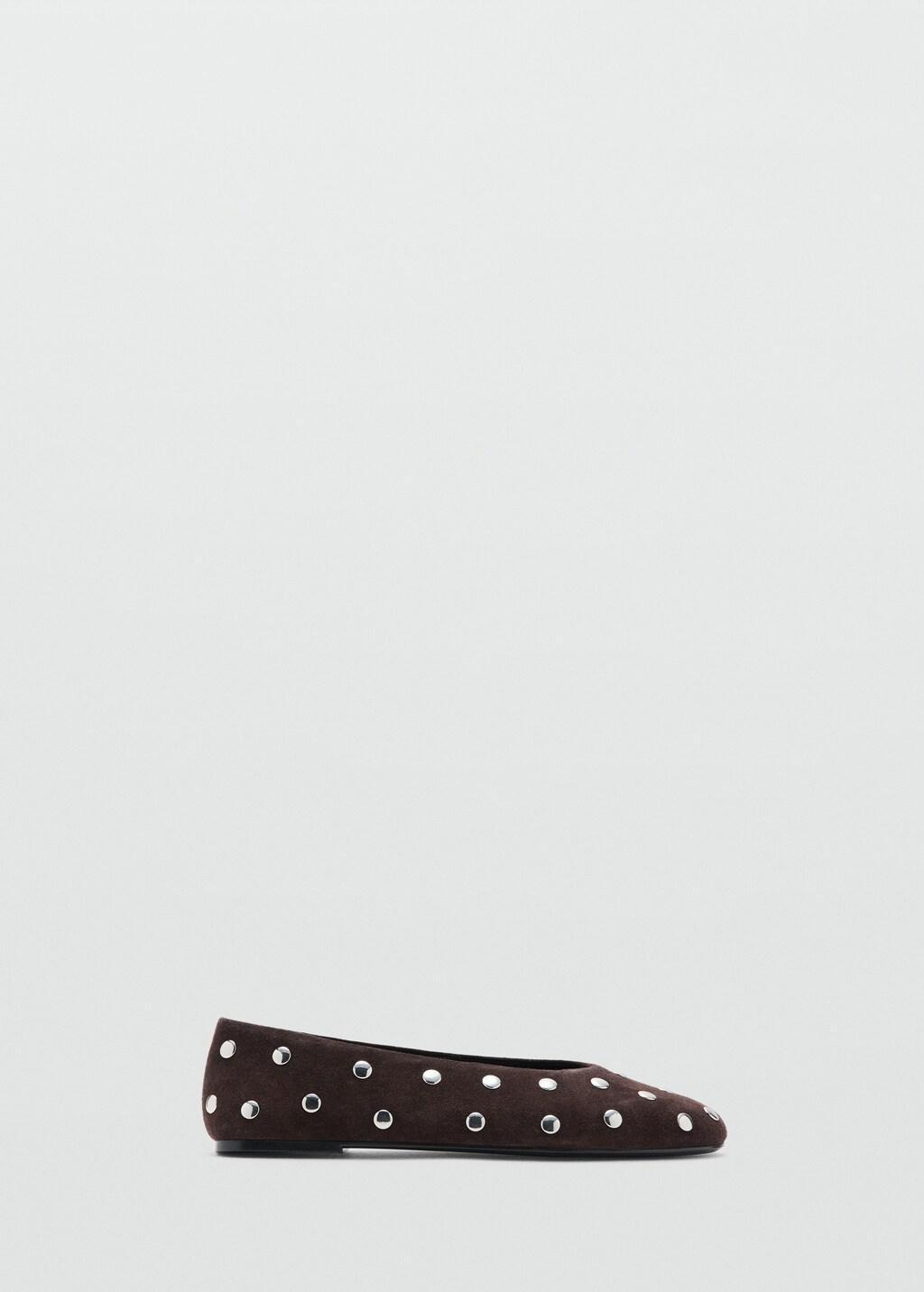 Brown Suede Ballet Flats With Studs, Dark Brown, large image number 4