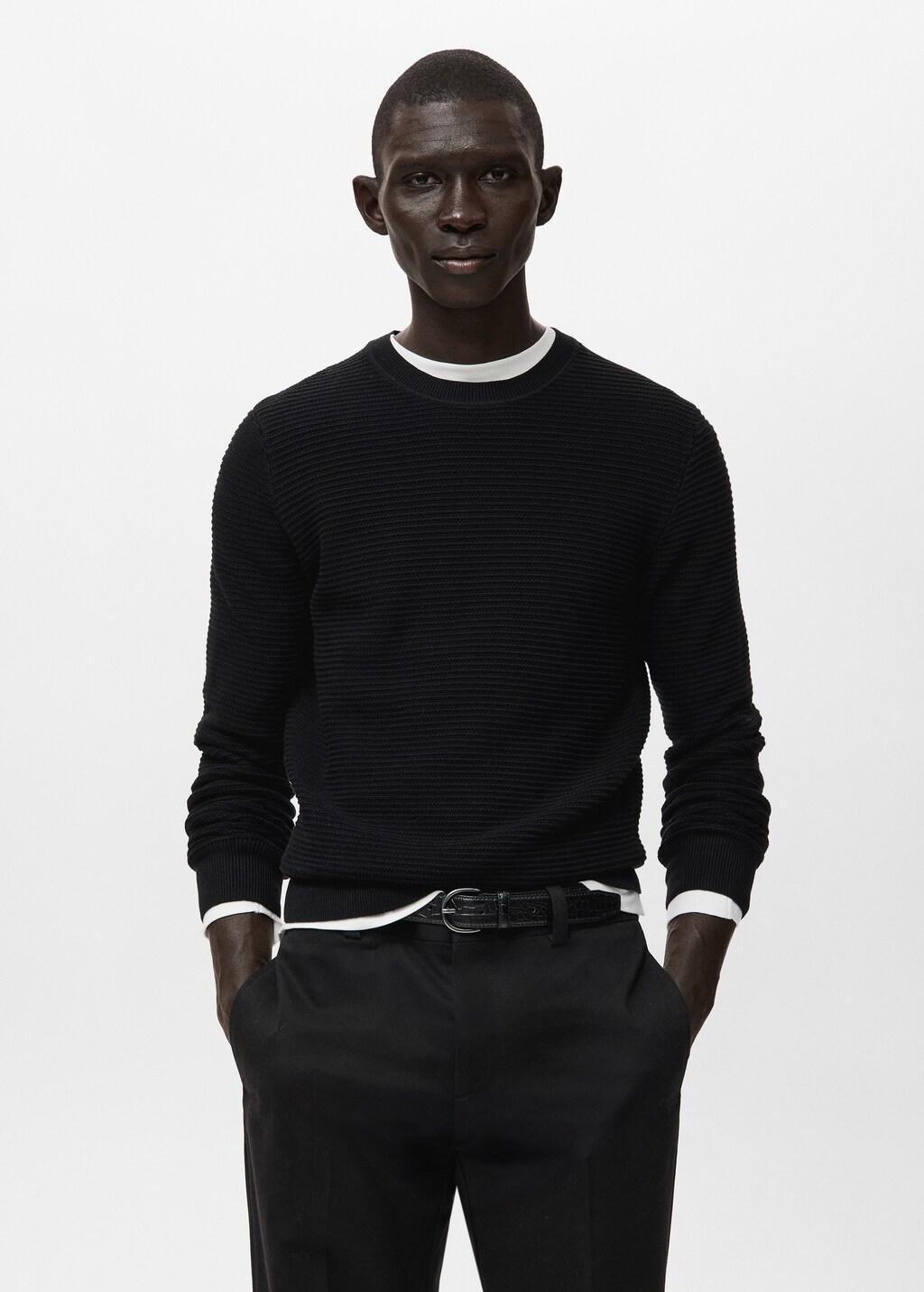 Black Cotton Structured Knitted Sweater, Black, large image number 3