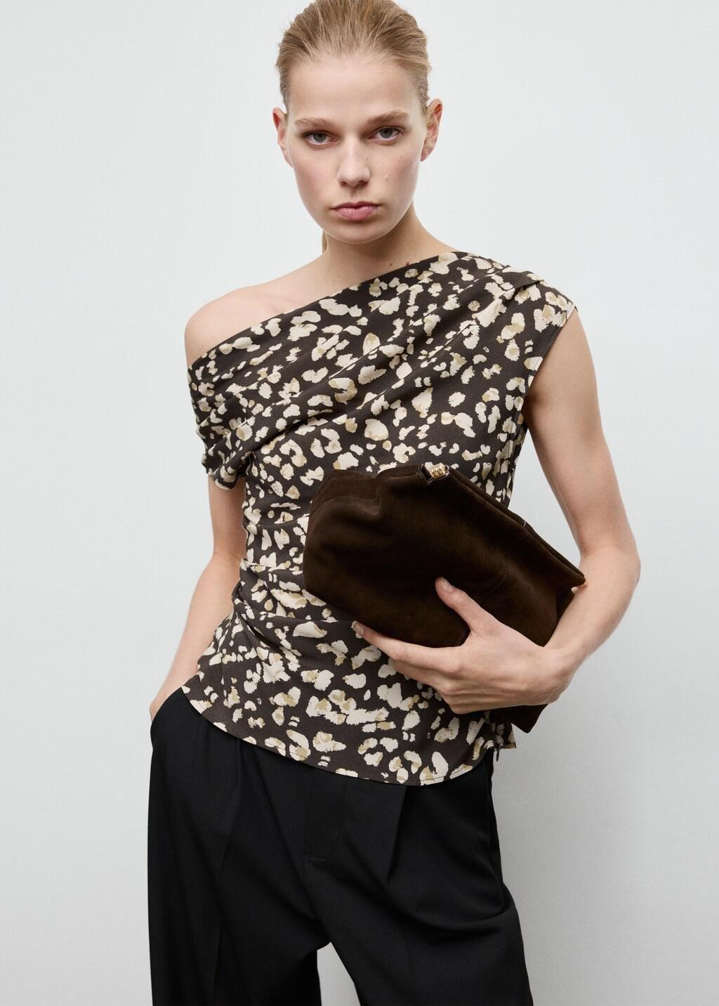 Brown Draped Animal-Print Top, Brown, large image number 3