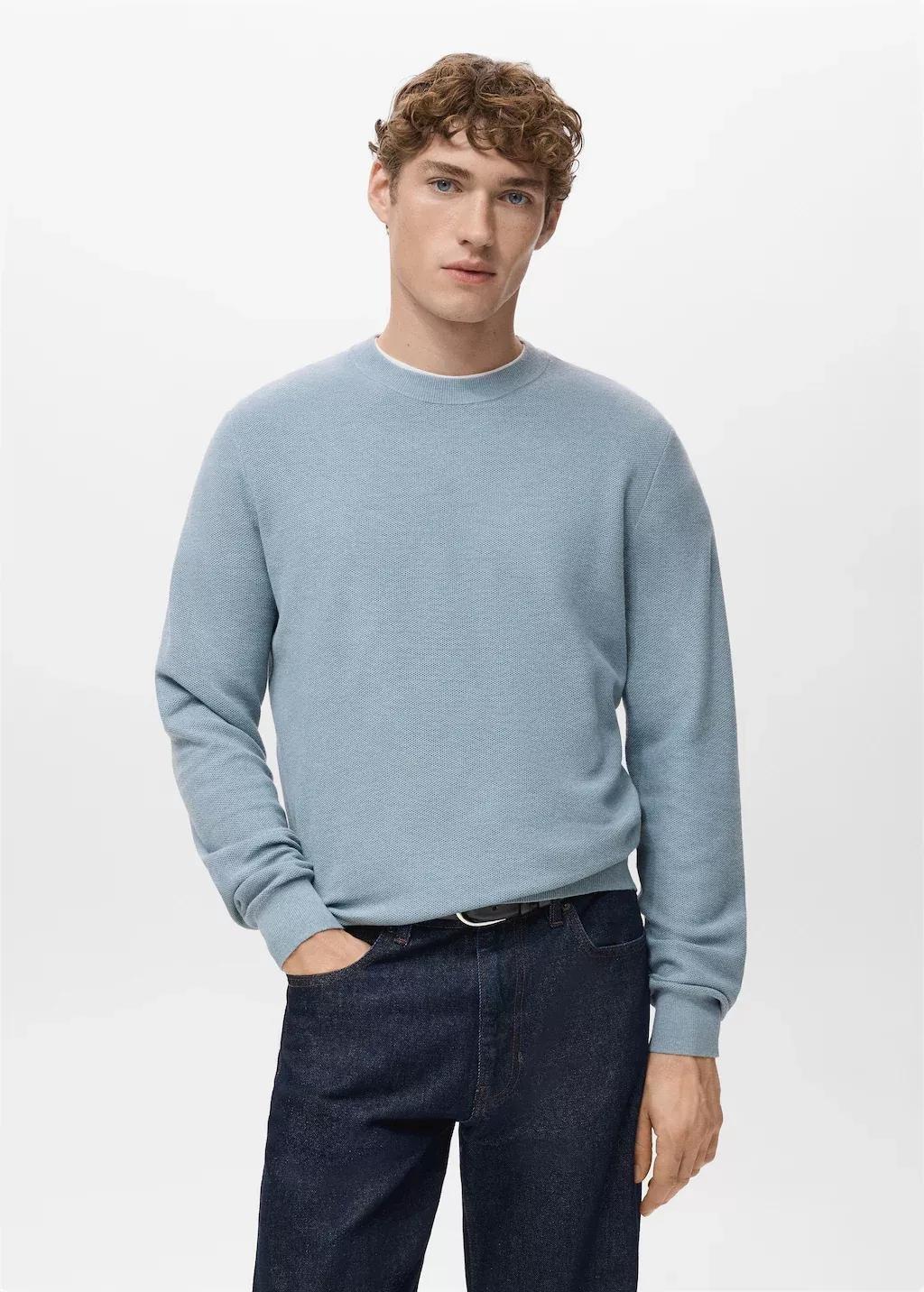Blue Microstructured Cotton Knit Sweater, Light-Pastel Blue, large image number 3