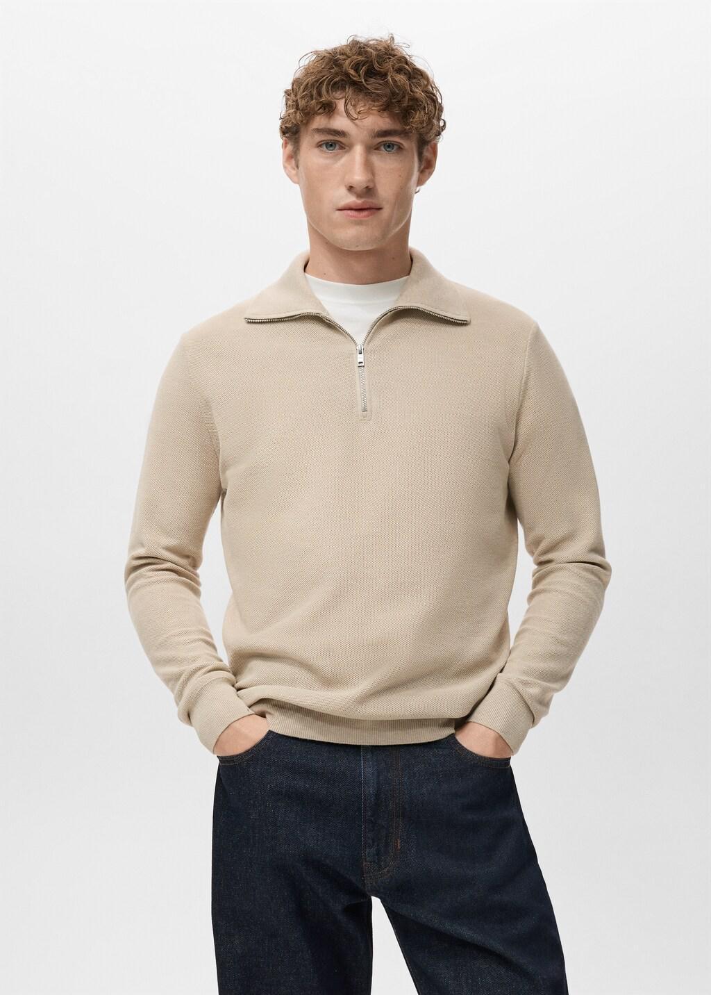 Beige Microstructure Sweater With Zipper Collar, Light Beige, large image number 3