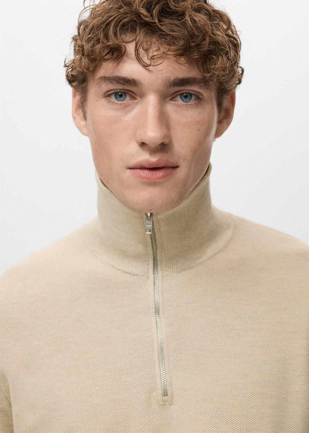 Beige Microstructure Sweater With Zipper Collar, Light Beige, large image number 4