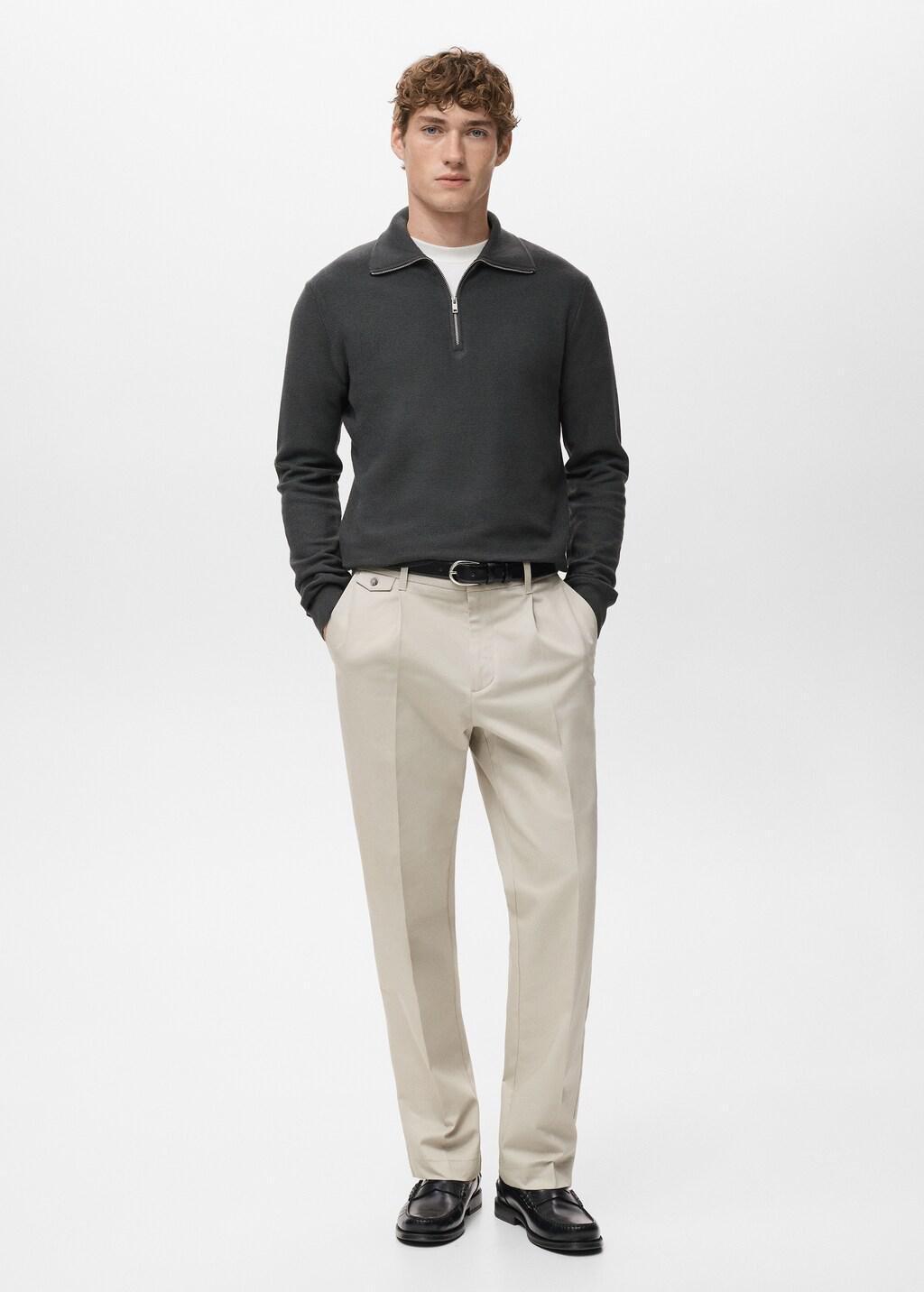 Grey Microstructure Sweater With Zipper Collar, Dark Grey, large image number 0