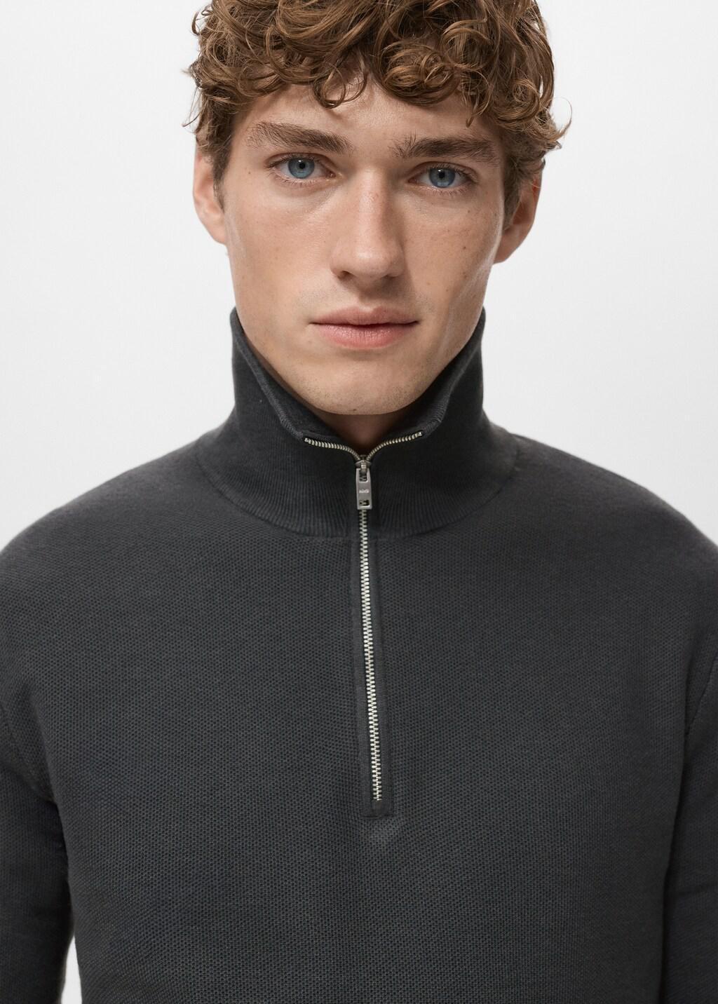 Grey Microstructure Sweater With Zipper Collar, Dark Grey, large image number 4
