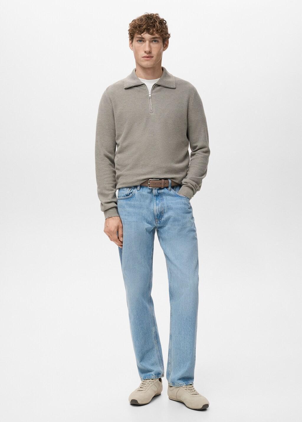 Grey Microstructure Sweater With Zipper Collar, Medium Grey, large image number 0