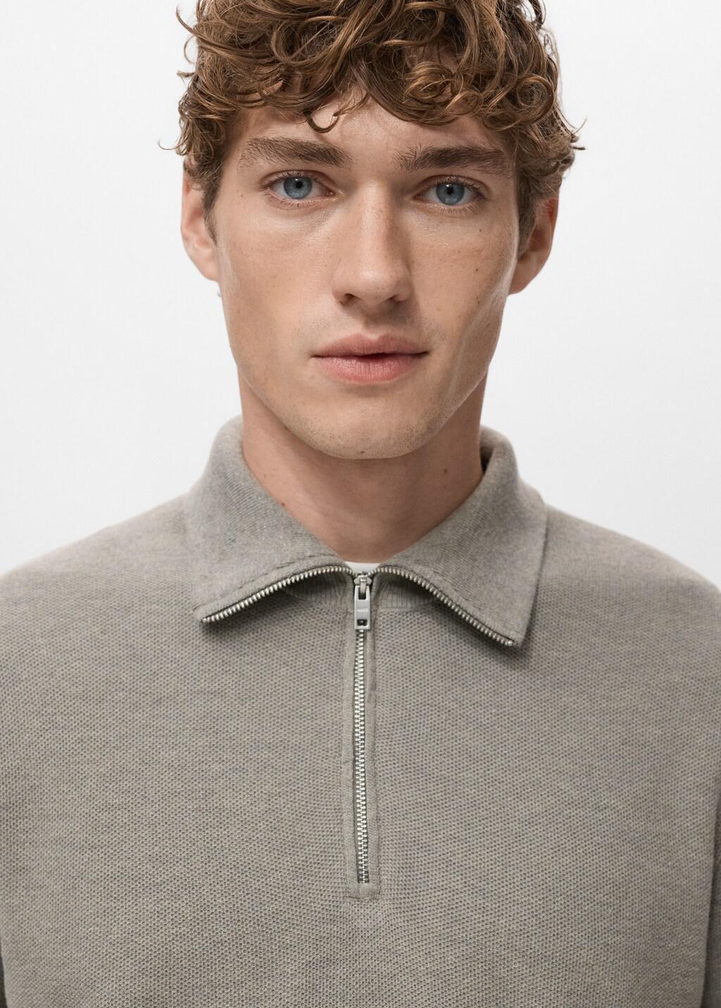 Grey Microstructure Sweater With Zipper Collar, Medium Grey, large image number 4