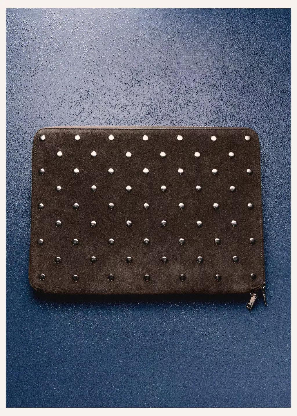Brown Studded Leather Laptop Case, Dark Brown, large image number 2