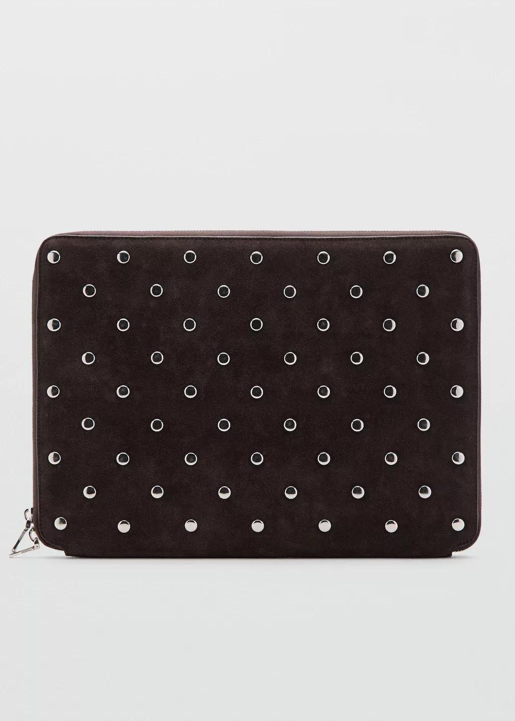 Brown Studded Leather Laptop Case, Dark Brown, large image number 4