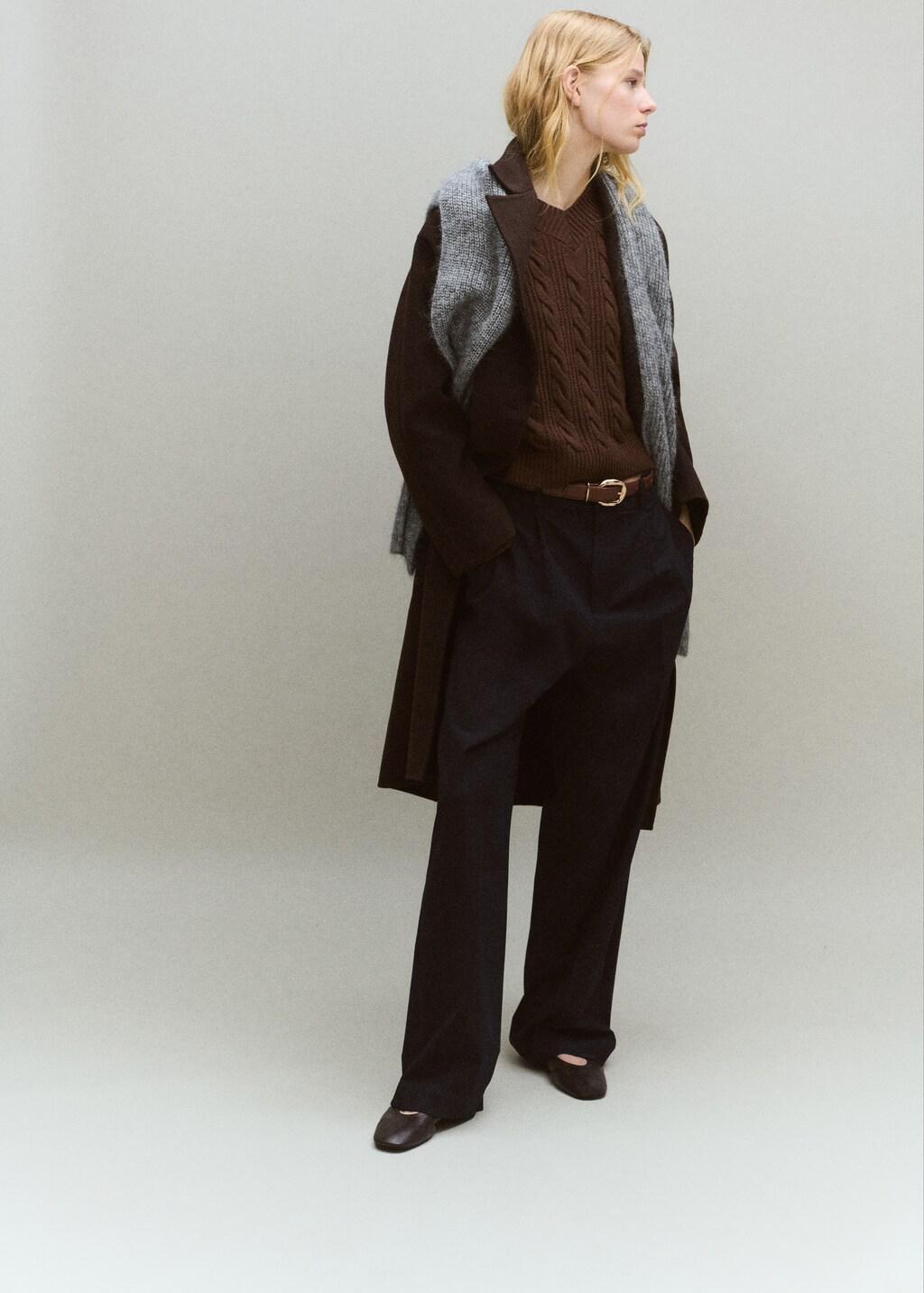 Brown V-Neck Braided Sweater, Brown, large image number 0