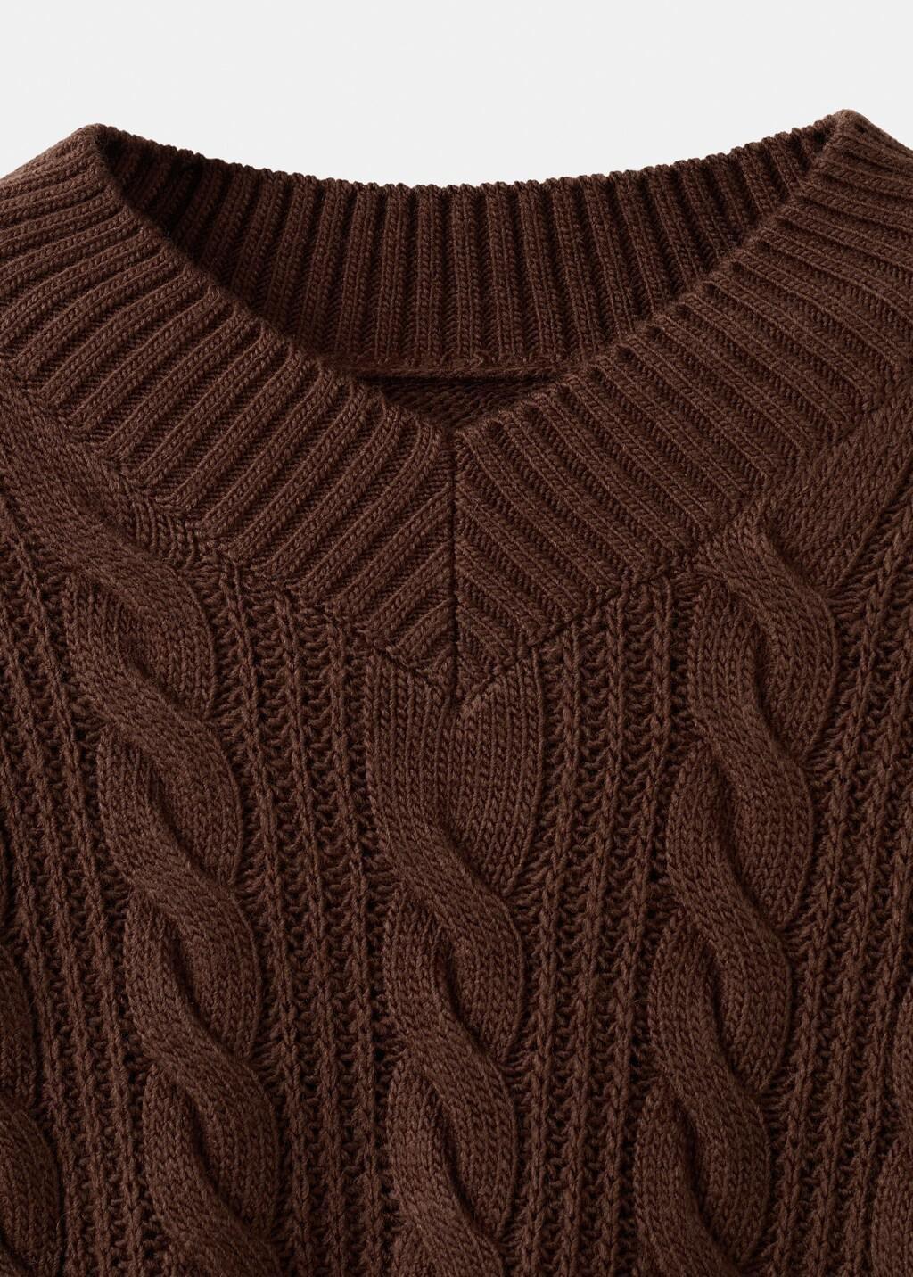 Brown V-Neck Braided Sweater, Brown, large image number 1
