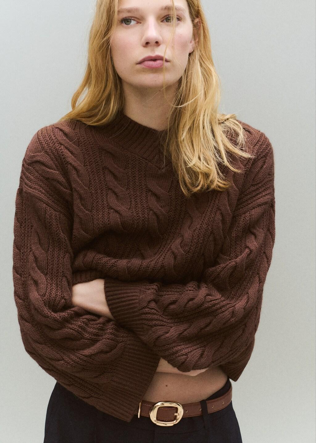 Brown V-Neck Braided Sweater, Brown, large image number 2