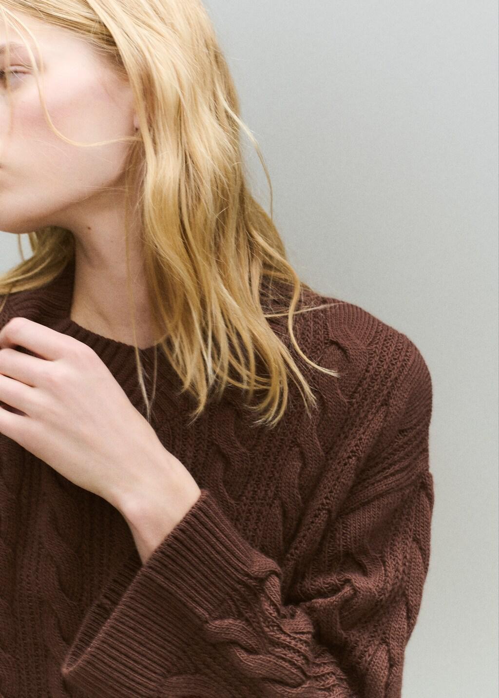 Brown V-Neck Braided Sweater, Brown, large image number 4