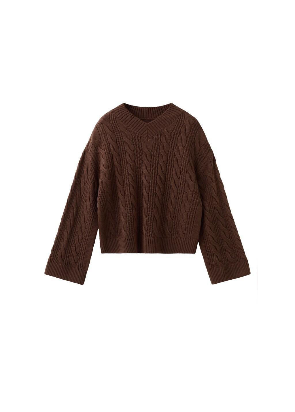 Brown V-Neck Braided Sweater, Brown, large image number 5
