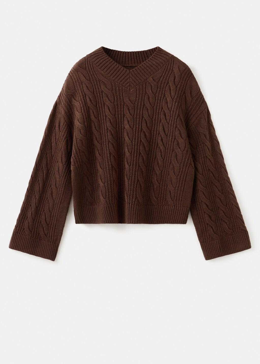 Brown V-Neck Braided Sweater, Brown, large image number 6